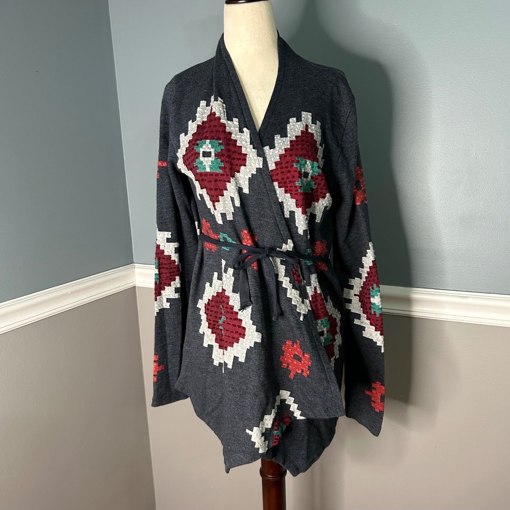 Lucky Lotus Lucky Brand Gray Southwestern Geometric Wrap Cardigan Sweater Medium
